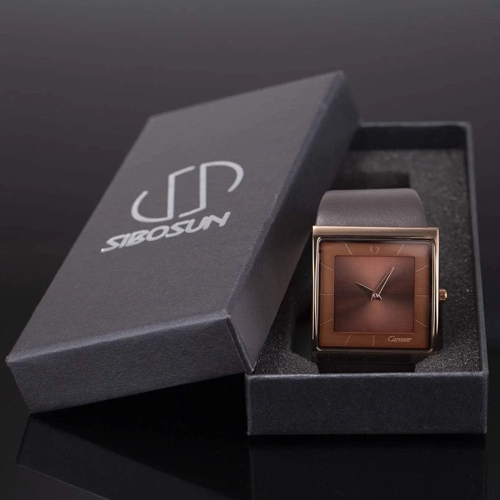 Carnaer Square Dial Watch Unisex Brown Leather Minimalist Nordic Business NEW
